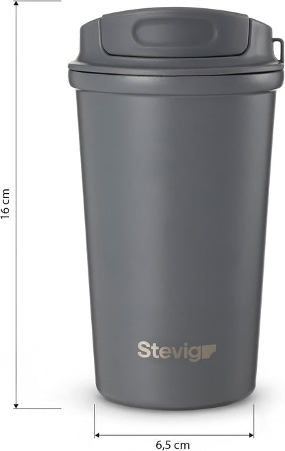 4 Work Flip Open Coffee Mug | 13 oz | Transparent Lid Design, Double Wall Vacuum Travel Mug, Cup Holder Friendly, Non-Slip Base, Compatible with Lanyard Loop – Grey ST-251