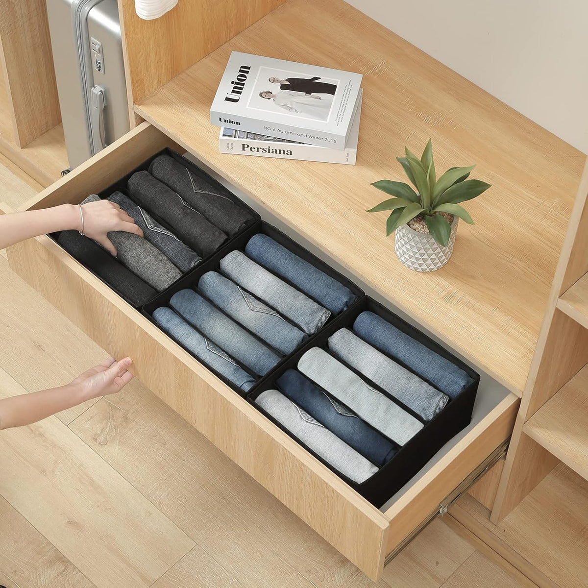 Pants Jeans Organizer for Closet, 4 Pack Drawer Organizers for Clothing, 5 Grids Wardrobe Clothes Storage for Deep Drawer, T-Shirts, Legging, Short