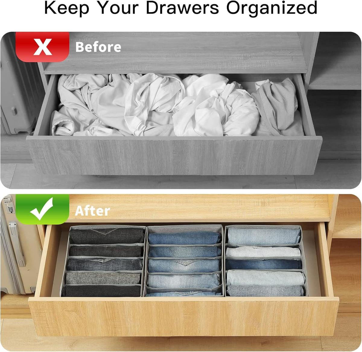 Pants Jeans Organizer for Closet, 4 Pack Drawer Organizers for Clothing, 5 Grids Wardrobe Clothes Storage for Deep Drawer, T-Shirts, Legging, Short