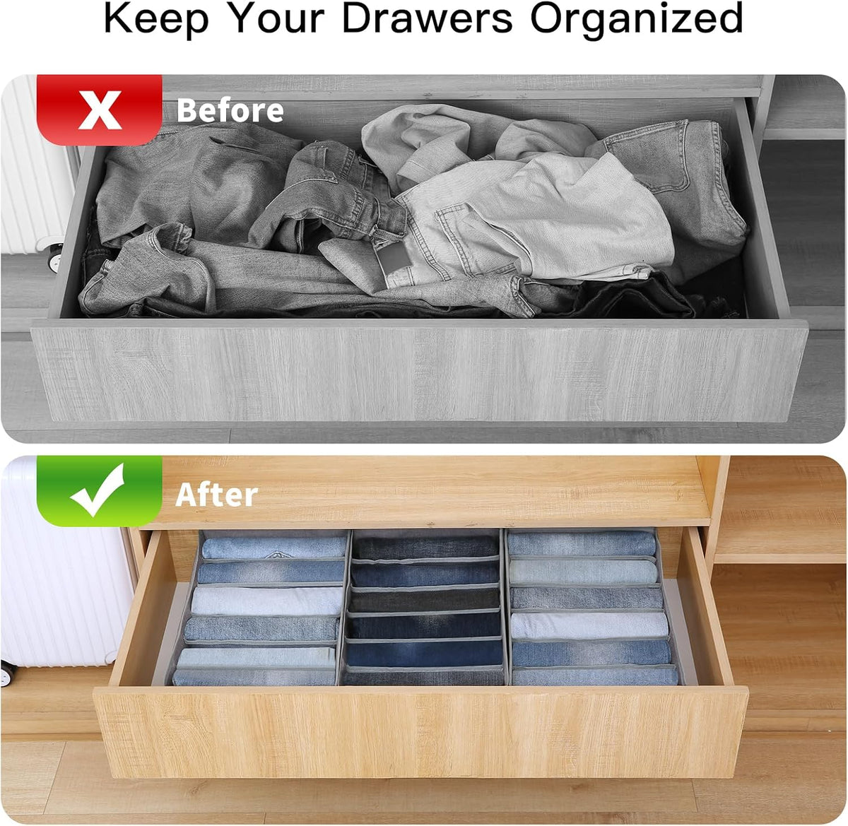 Pants Jeans Organizer for Closet, 4 Pack Drawer Organizers for Clothing, 5 Grids Wardrobe Clothes Storage for Deep Drawer, T-Shirts, Legging, Short