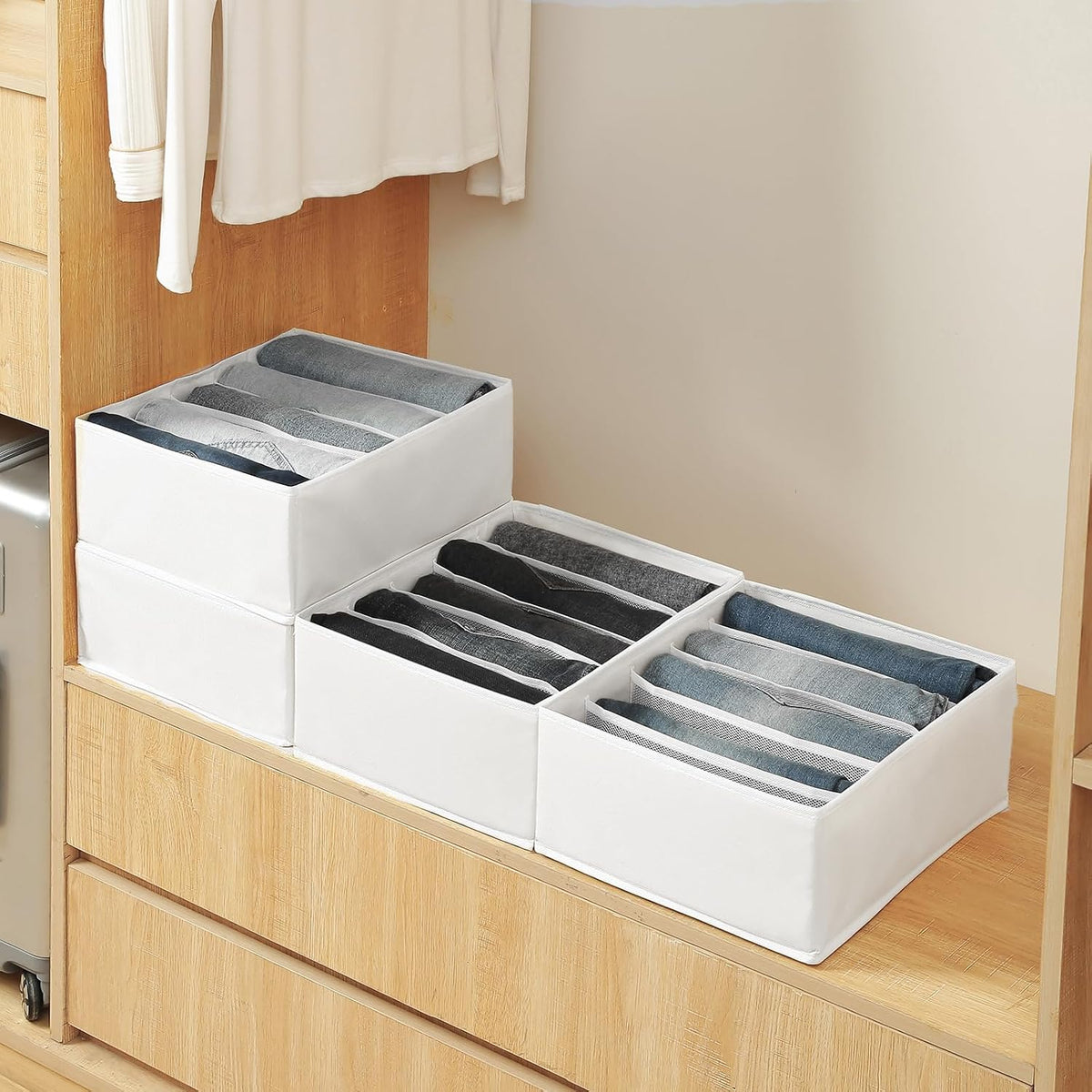 Pants Jeans Organizer for Closet, 4 Pack Drawer Organizers for Clothing, 5 Grids Wardrobe Clothes Storage for Deep Drawer, T-Shirts, Legging, Short