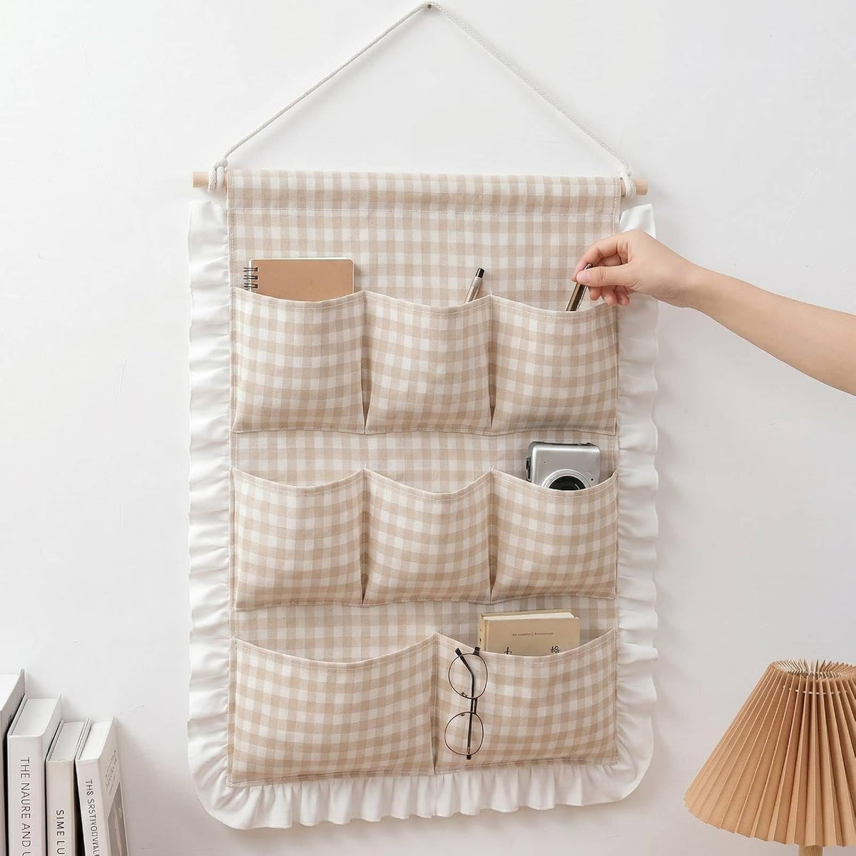 Gingham Wall Hanging Organizer with Pocket Ruffled,Beige