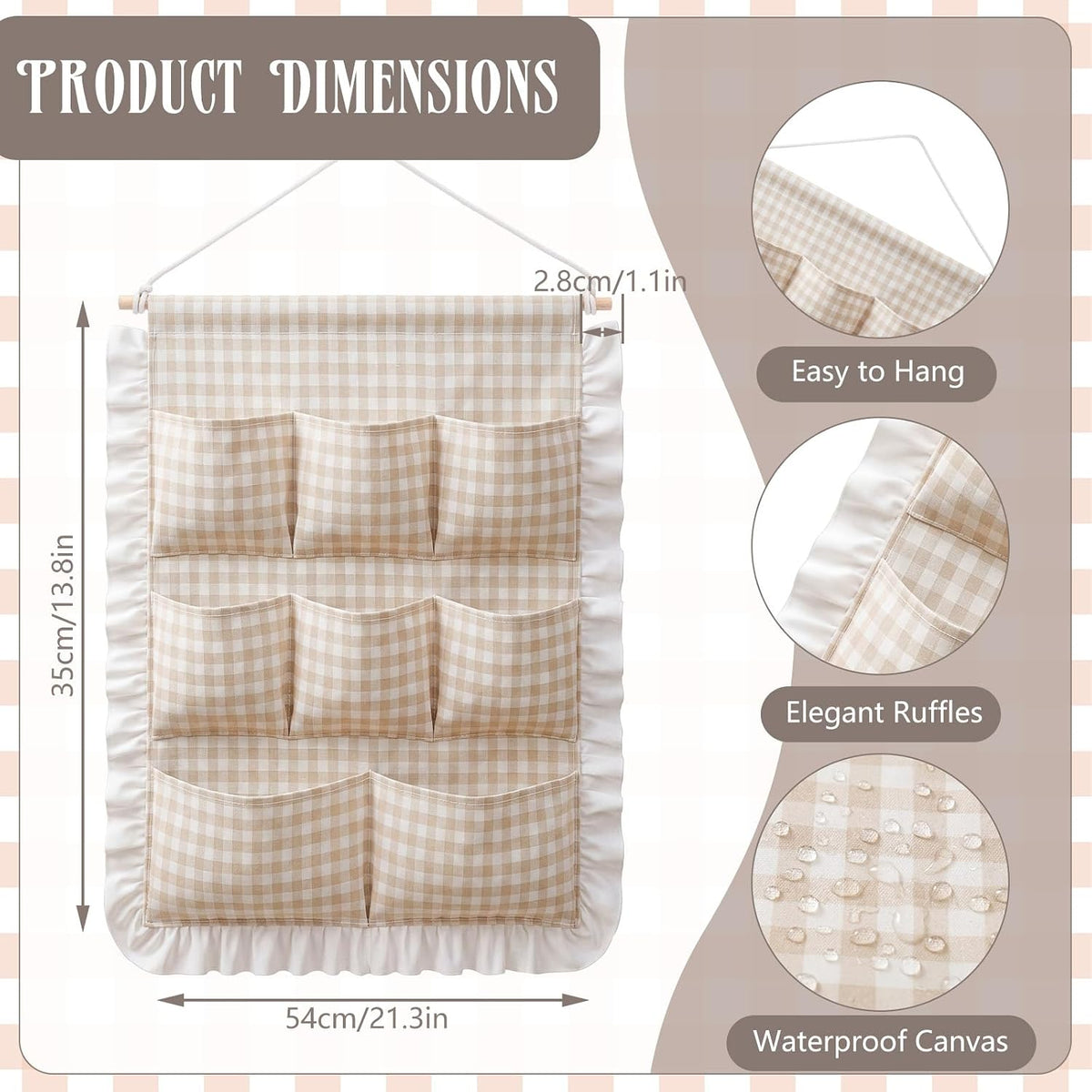 Gingham Wall Hanging Organizer with Pocket Ruffled,Beige