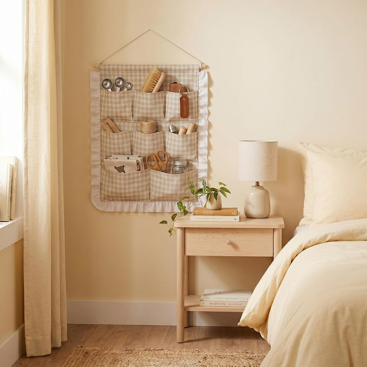Gingham Wall Hanging Organizer with Pocket Ruffled,Beige