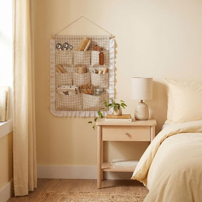 Gingham Wall Hanging Organizer with Pocket Ruffled,Beige