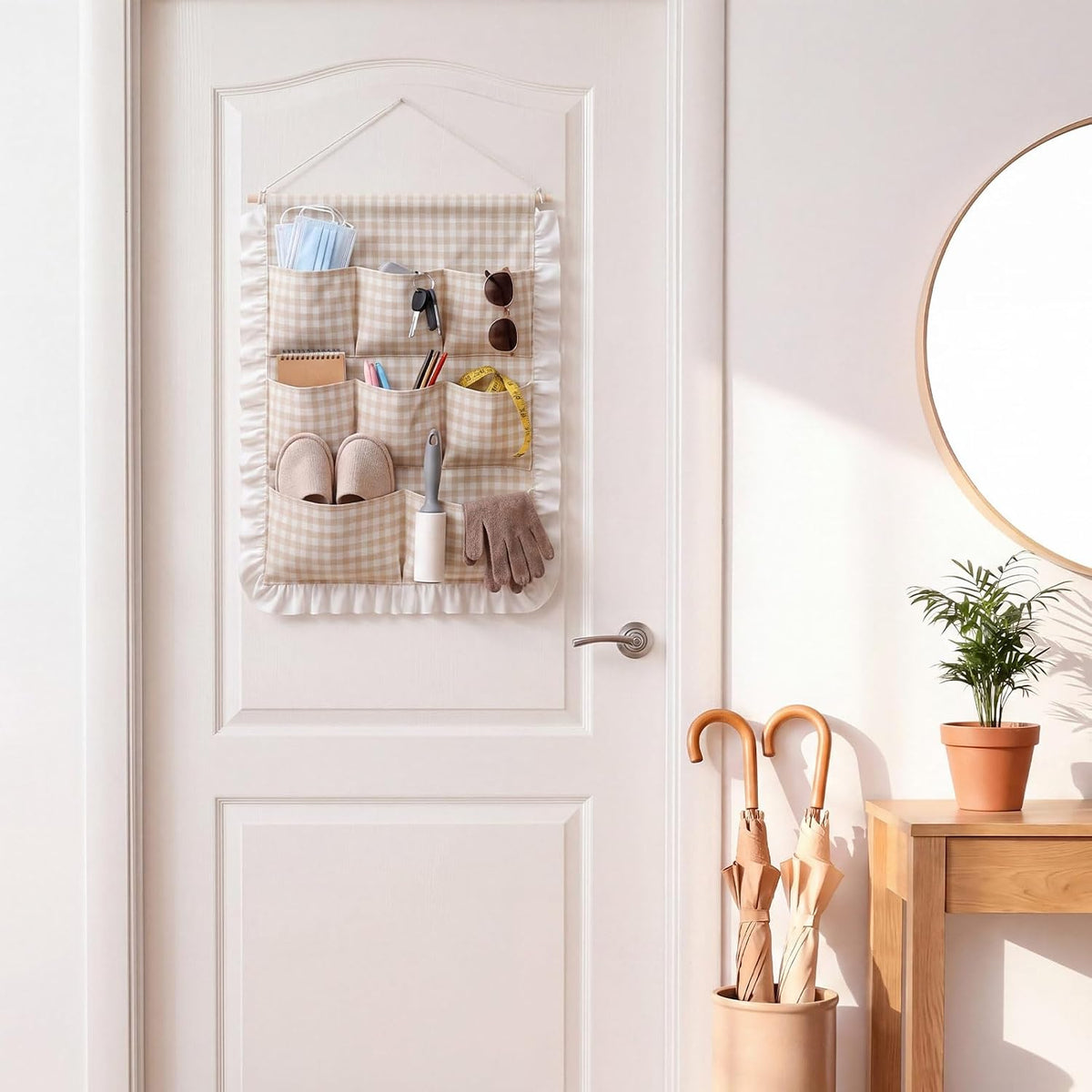 Gingham Wall Hanging Organizer with Pocket Ruffled,Beige