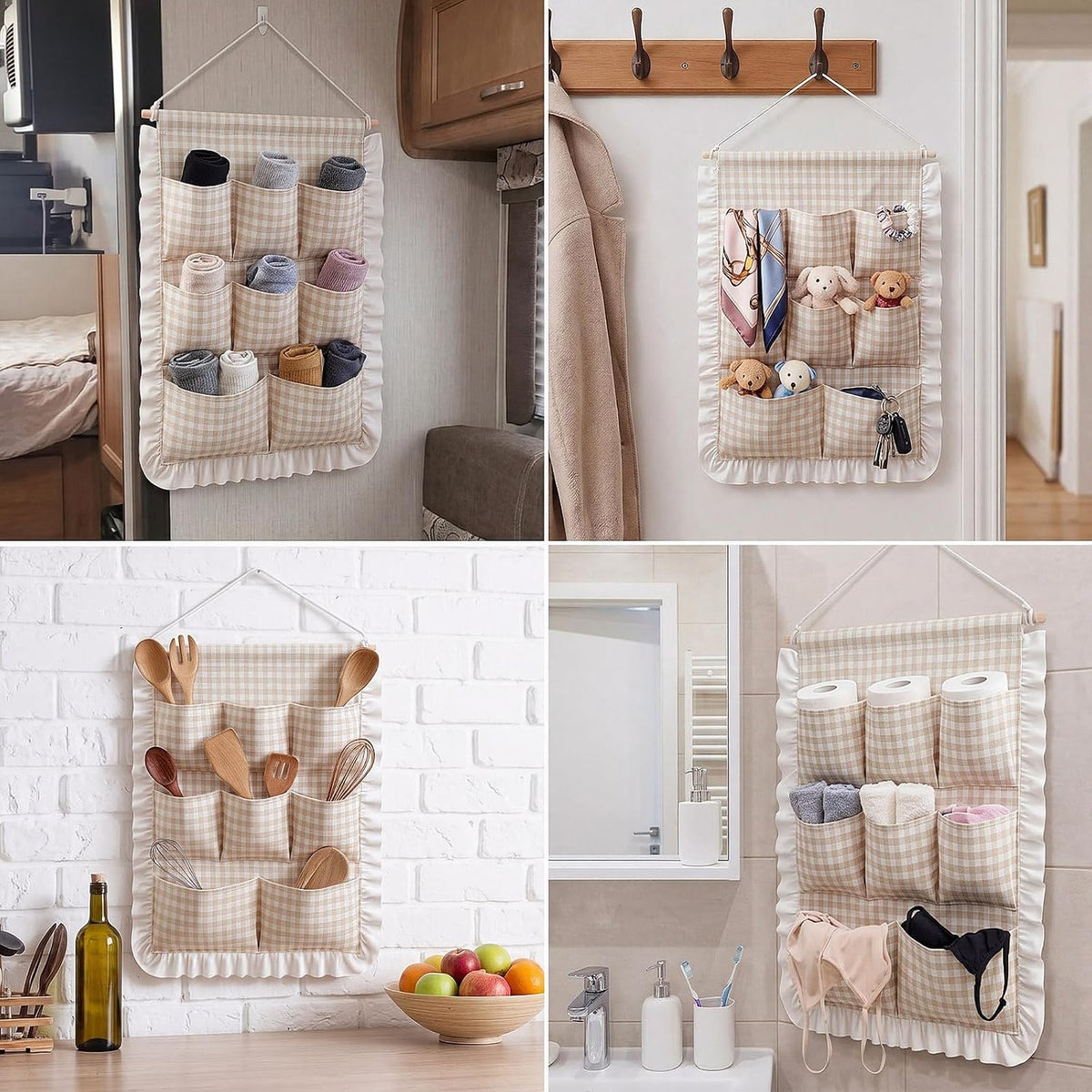 Gingham Wall Hanging Organizer with Pocket Ruffled,Beige