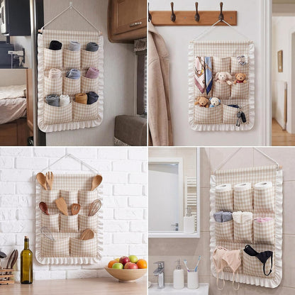 Gingham Wall Hanging Organizer with Pocket Ruffled,Beige
