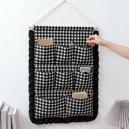 Gingham Wall Hanging Organizer with Pocket Ruffled,Beige