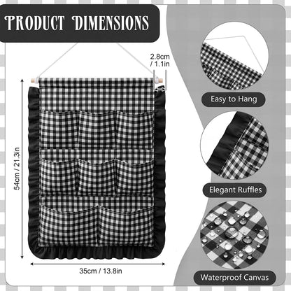 Gingham Wall Hanging Organizer with Pocket Ruffled,Beige