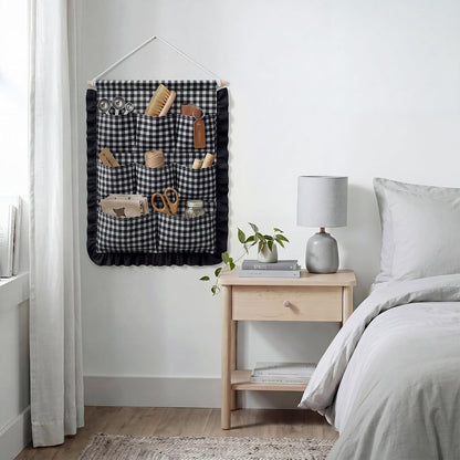Gingham Wall Hanging Organizer with Pocket Ruffled,Beige