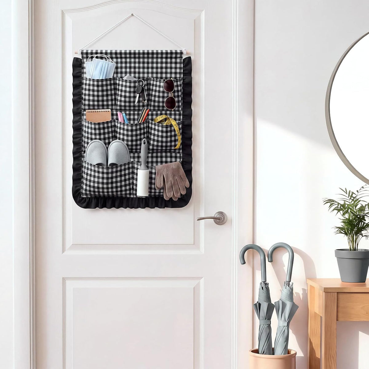 Gingham Wall Hanging Organizer with Pocket Ruffled,Beige