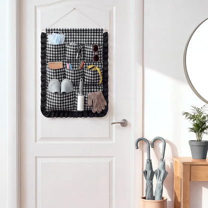 Gingham Wall Hanging Organizer with Pocket Ruffled,Beige