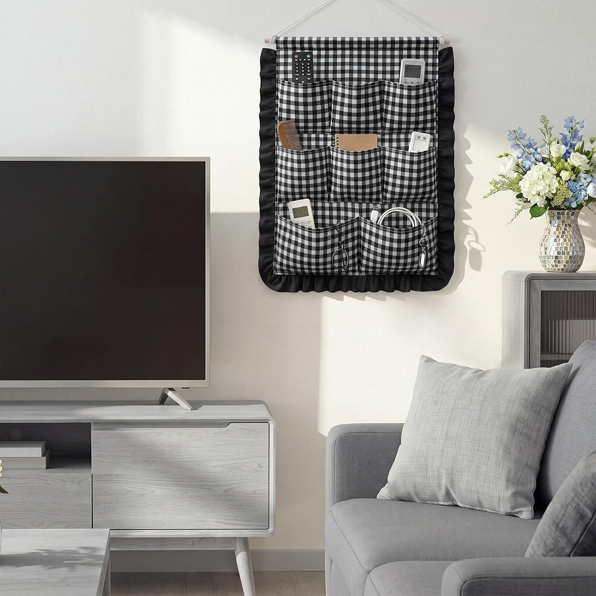 Gingham Wall Hanging Organizer with Pocket Ruffled,Beige
