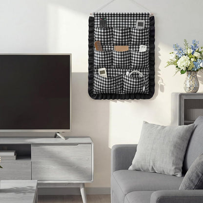 Gingham Wall Hanging Organizer with Pocket Ruffled,Beige