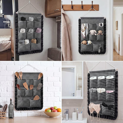 Gingham Wall Hanging Organizer with Pocket Ruffled,Beige