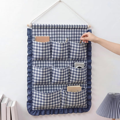 Gingham Wall Hanging Organizer with Pocket Ruffled,Beige