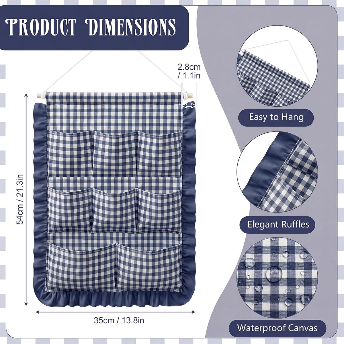 Gingham Wall Hanging Organizer with Pocket Ruffled,Beige