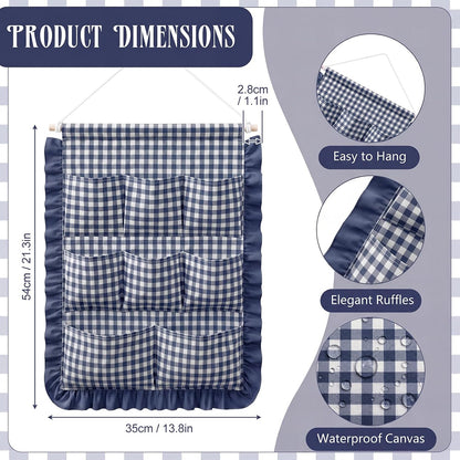 Gingham Wall Hanging Organizer with Pocket Ruffled,Beige
