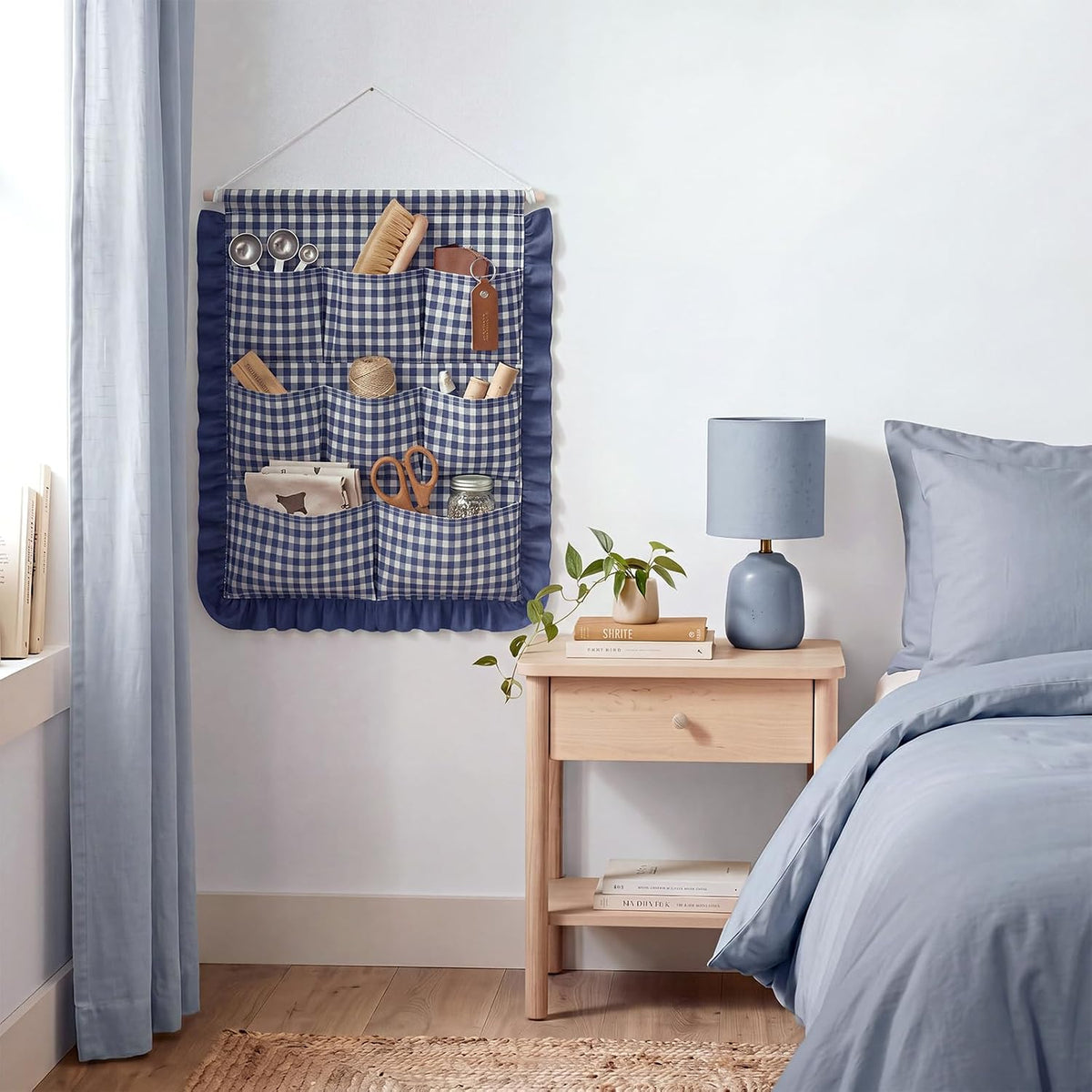 Gingham Wall Hanging Organizer with Pocket Ruffled,Beige
