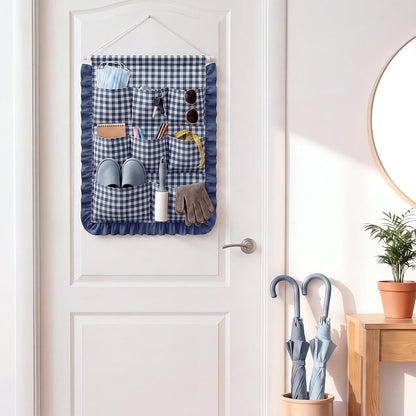 Gingham Wall Hanging Organizer with Pocket Ruffled,Beige