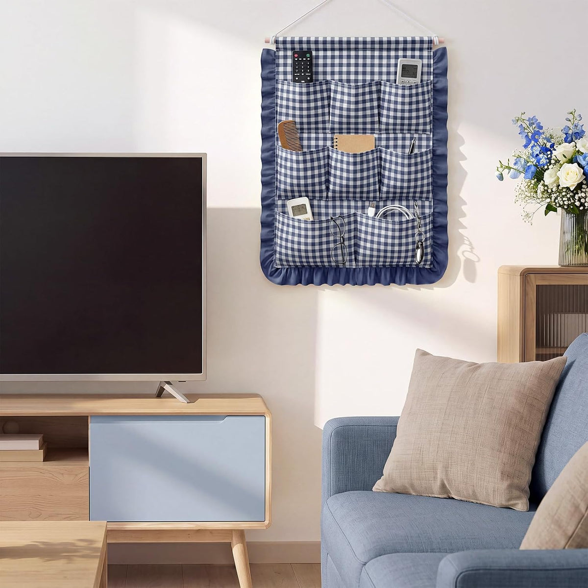 Gingham Wall Hanging Organizer with Pocket Ruffled,Beige