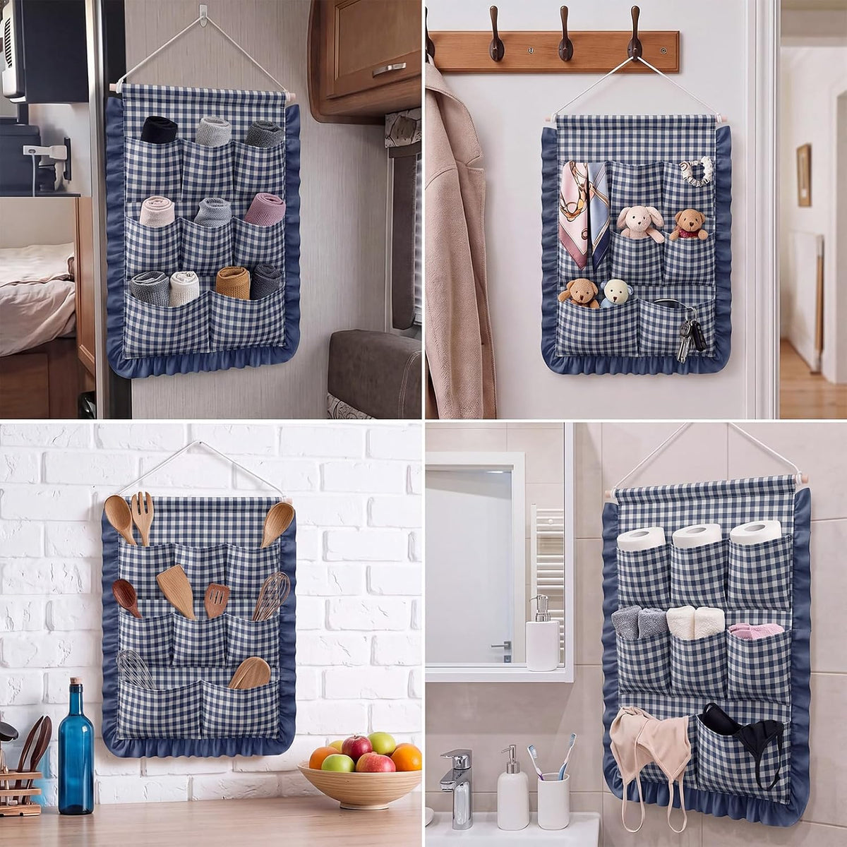 Gingham Wall Hanging Organizer with Pocket Ruffled,Beige