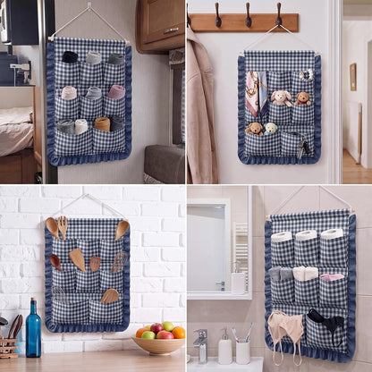 Gingham Wall Hanging Organizer with Pocket Ruffled,Beige