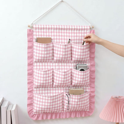 Gingham Wall Hanging Organizer with Pocket Ruffled,Beige