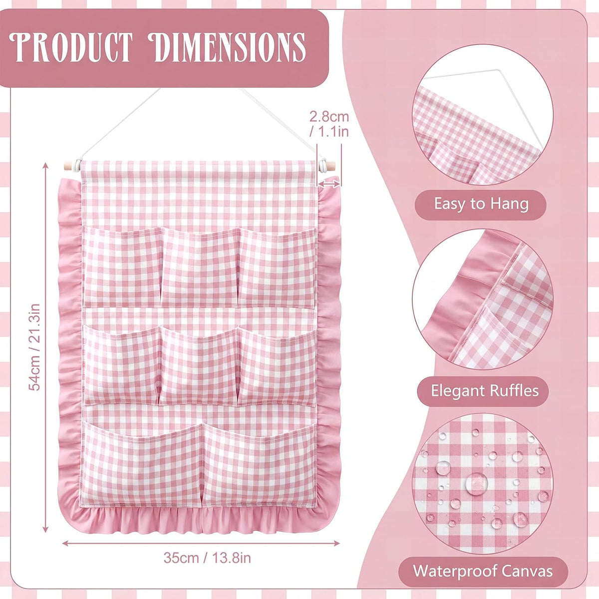 Gingham Wall Hanging Organizer with Pocket Ruffled,Beige