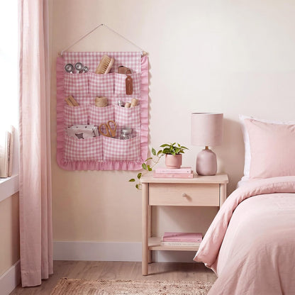 Gingham Wall Hanging Organizer with Pocket Ruffled,Beige