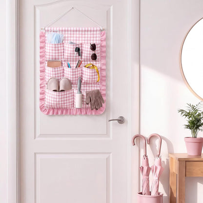 Gingham Wall Hanging Organizer with Pocket Ruffled,Beige