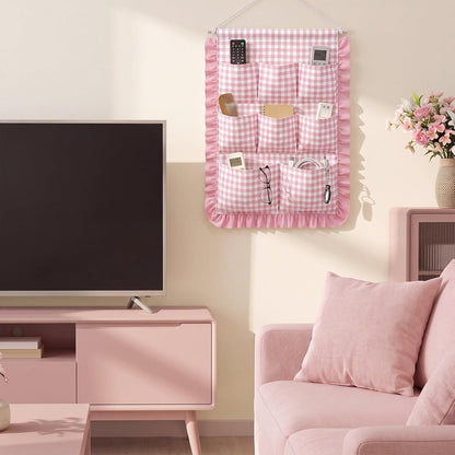 Gingham Wall Hanging Organizer with Pocket Ruffled,Beige