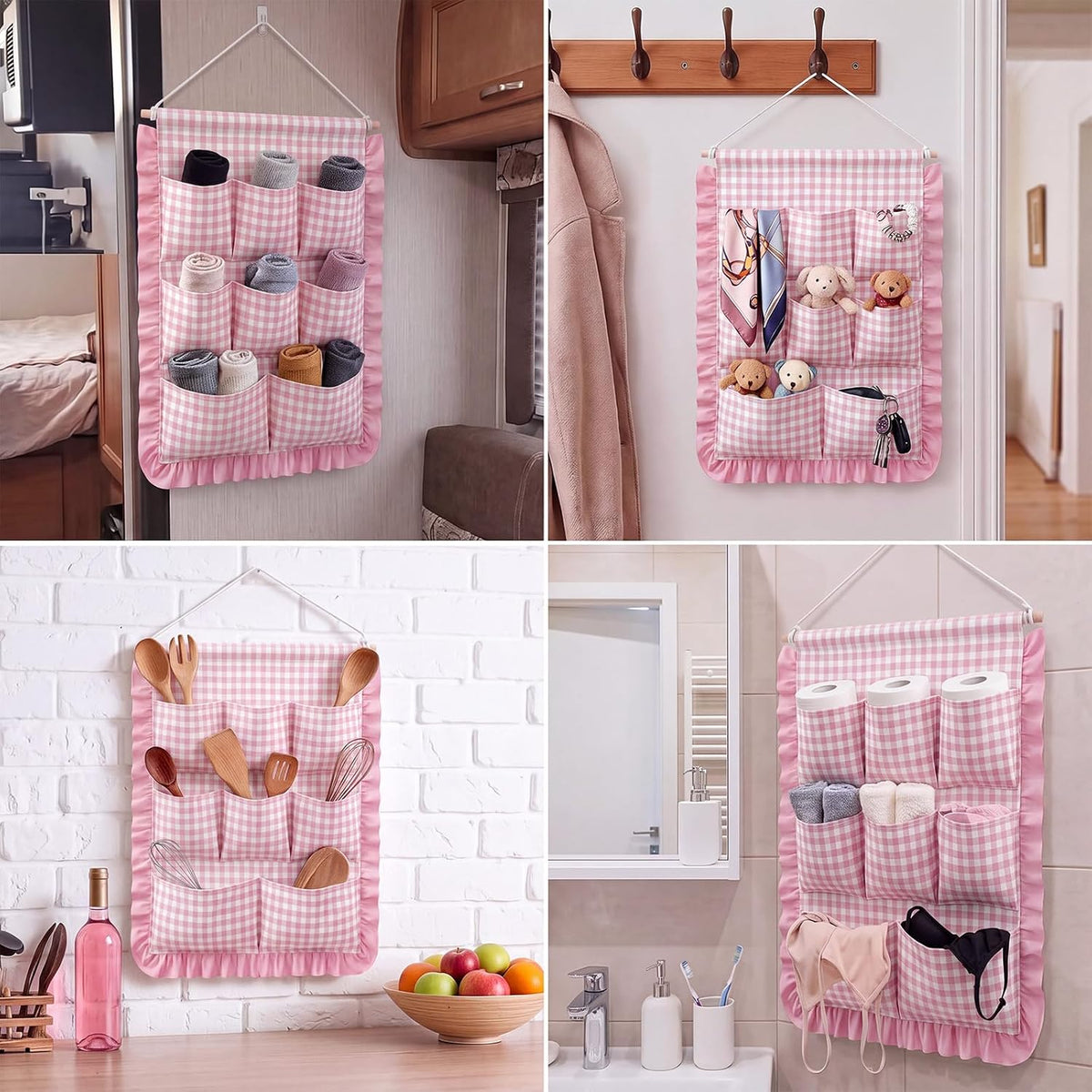 Gingham Wall Hanging Organizer with Pocket Ruffled,Beige