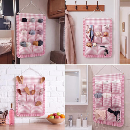 Gingham Wall Hanging Organizer with Pocket Ruffled,Beige