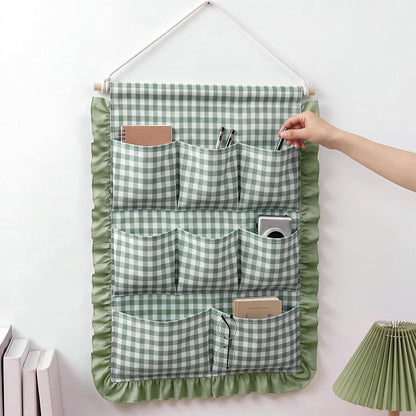 Gingham Wall Hanging Organizer with Pocket Ruffled,Beige