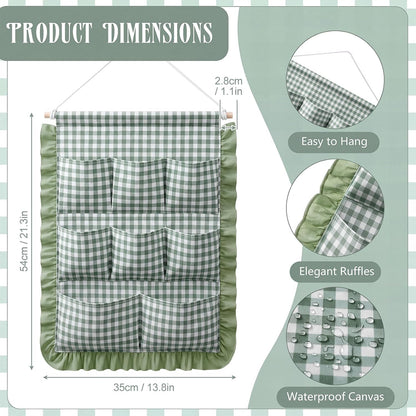 Gingham Wall Hanging Organizer with Pocket Ruffled,Beige