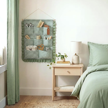 Gingham Wall Hanging Organizer with Pocket Ruffled,Beige
