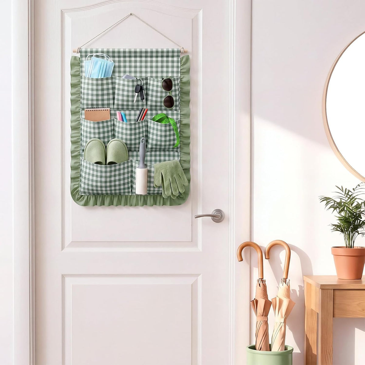 Gingham Wall Hanging Organizer with Pocket Ruffled,Beige