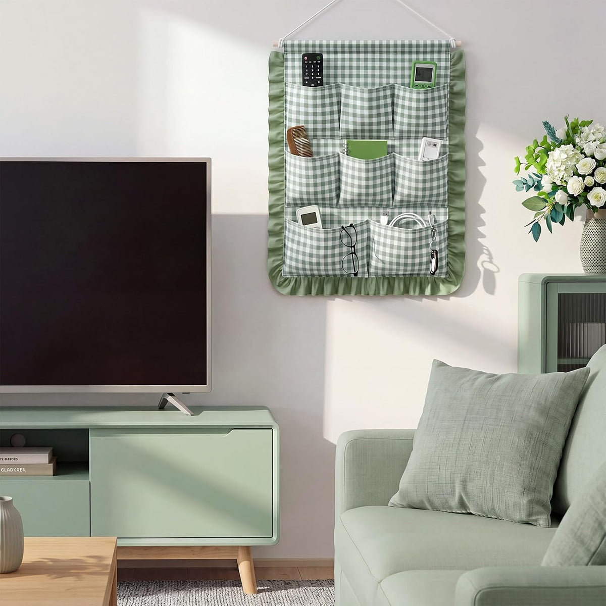 Gingham Wall Hanging Organizer with Pocket Ruffled,Beige