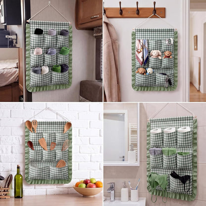 Gingham Wall Hanging Organizer with Pocket Ruffled,Beige