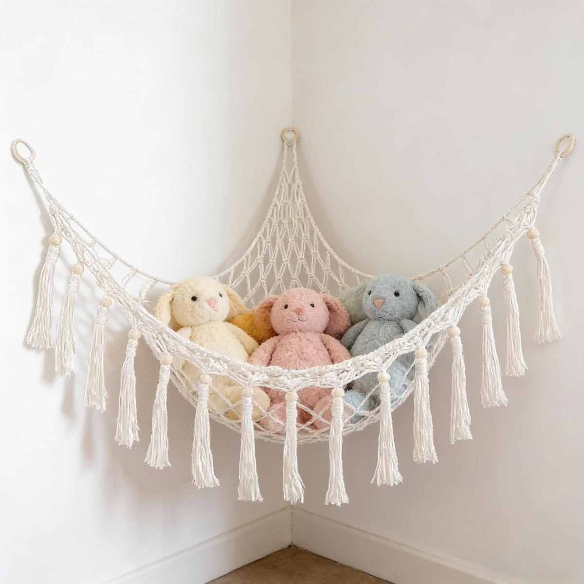 Large Stuffed Animal Hammock, Plush Toy Storage Net for Kids Room, Nursery & Bedroom Organizer with Wooden Rings