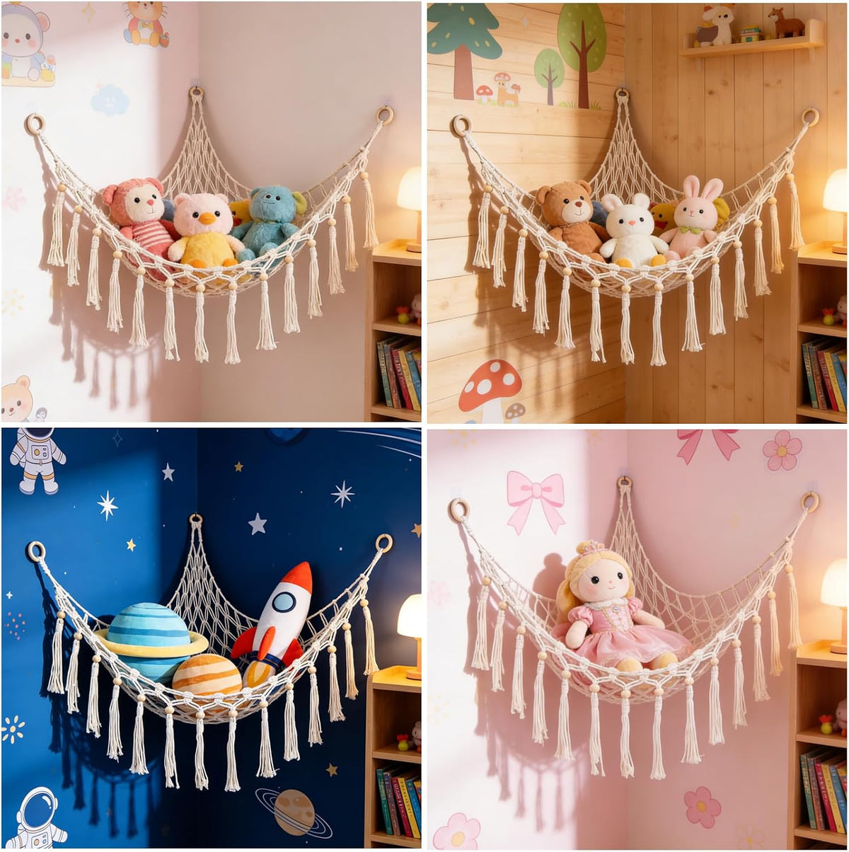 Large Stuffed Animal Hammock, Plush Toy Storage Net for Kids Room, Nursery & Bedroom Organizer with Wooden Rings