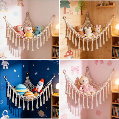 Large Stuffed Animal Hammock, Plush Toy Storage Net for Kids Room, Nursery & Bedroom Organizer with Wooden Rings