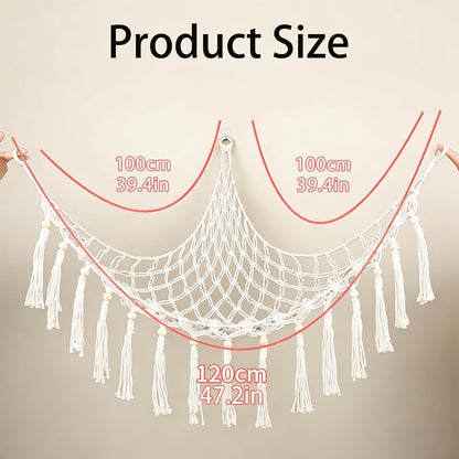 Large Stuffed Animal Hammock, Plush Toy Storage Net for Kids Room, Nursery & Bedroom Organizer with Wooden Rings