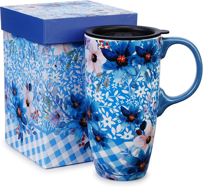 17oz Ceramic Travel Mug with Lid, Boho Floral Coffee Mug | Large Ceramic Coffee Mug • Terracotta Botanical Design • Comfortable Handle • Microwave & Dishwasher Safe • Gift Box