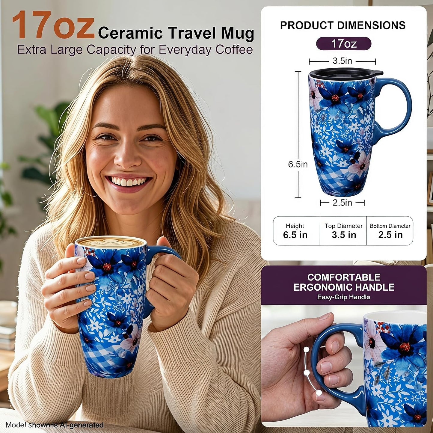 17oz Ceramic Travel Mug with Lid, Boho Floral Coffee Mug | Large Ceramic Coffee Mug • Terracotta Botanical Design • Comfortable Handle • Microwave & Dishwasher Safe • Gift Box