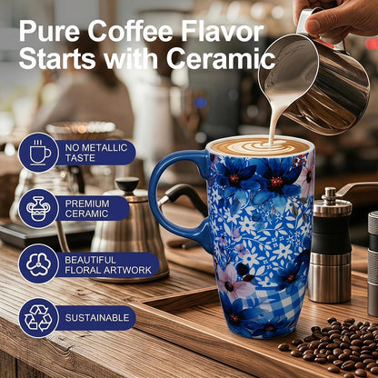 17oz Ceramic Travel Mug with Lid, Boho Floral Coffee Mug | Large Ceramic Coffee Mug • Terracotta Botanical Design • Comfortable Handle • Microwave & Dishwasher Safe • Gift Box