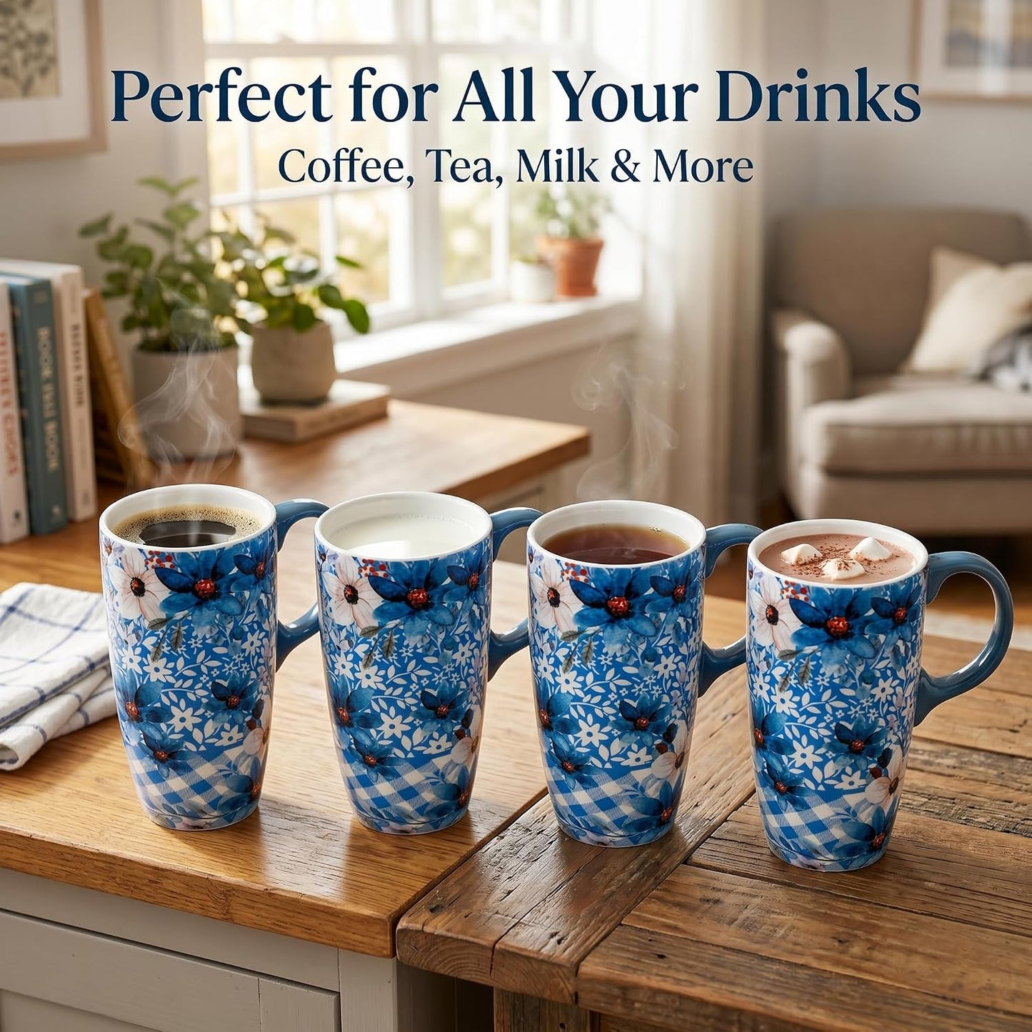 17oz Ceramic Travel Mug with Lid, Boho Floral Coffee Mug | Large Ceramic Coffee Mug • Terracotta Botanical Design • Comfortable Handle • Microwave & Dishwasher Safe • Gift Box