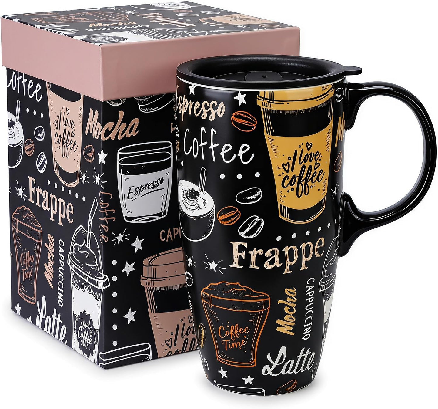 17oz Ceramic Travel Mug with Lid, Boho Floral Coffee Mug | Large Ceramic Coffee Mug • Terracotta Botanical Design • Comfortable Handle • Microwave & Dishwasher Safe • Gift Box
